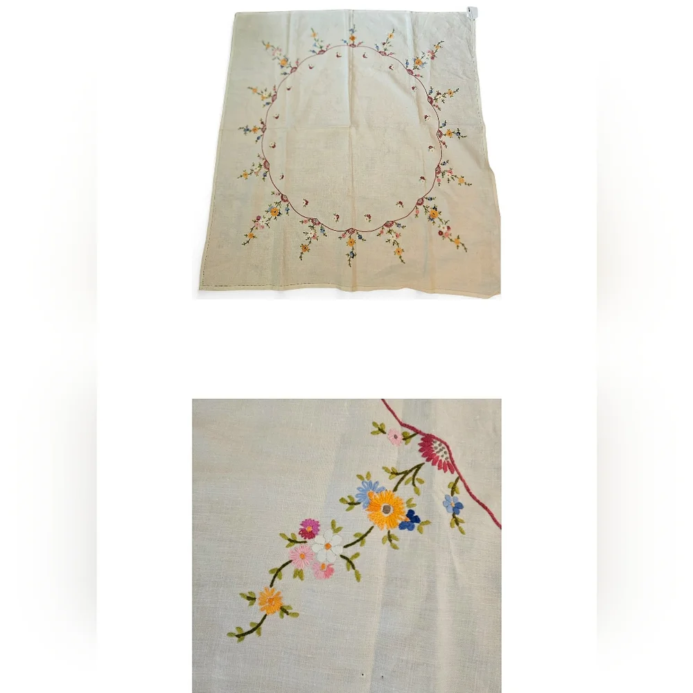 NWT Vintage Irish Linen Hand-Embroidered Floral Tablecloth